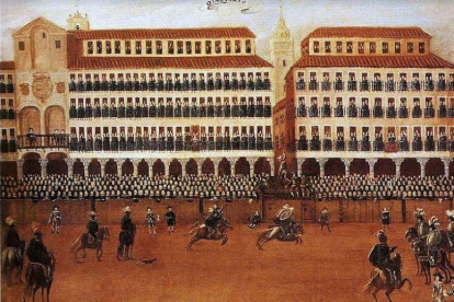 Desfile de una cabalgata con motivos de las fiestas en la Plaza Mayor de Valladolid con el convento de San Francisco a la izquierda 1656