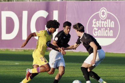 Peter Federico intenta superar a dos rivales del Salamanca, en el amistoso del pasado martes.