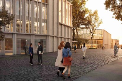 Recreación exterior del nuevo edificio, con las futuras ampliaciones al fondo.