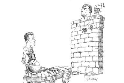 Imagen de archivo de una ilustración en El Mundo de Valladolid de Oscar Schmidt ante Sabonis en la previa de un Fórum- Real Madrid. /