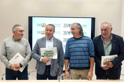 Las organizaciones profesionales agrarias de Castilla y León Asaja, UCCL y la Alianza UPA-COAG durante la rueda de prensa.