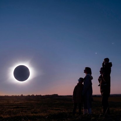 Simulación de una familia observando el eclipse total de sol