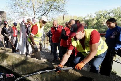 Voluntarios de 'Ama el Pisuerga' recogiendo basura en el callejón de la Alcoholera.