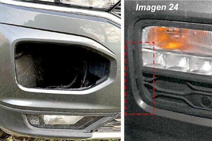 Arañazo en el lateral del faro delantero (izquierda) y foto de la inspección de Criminalística donde se aprecia que no existe. E. M.