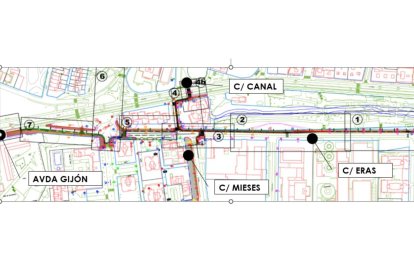 Plano de la red ciclista en el entorno de la avenida Gijón con el nuevo carril bici de la calle Eras