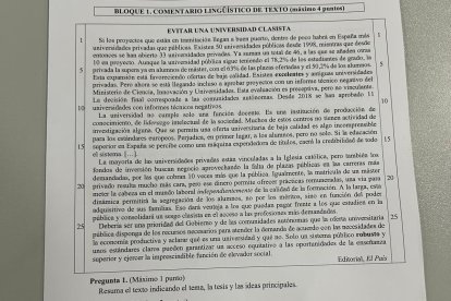Primer examen de la PAU de Lengua y Literatura