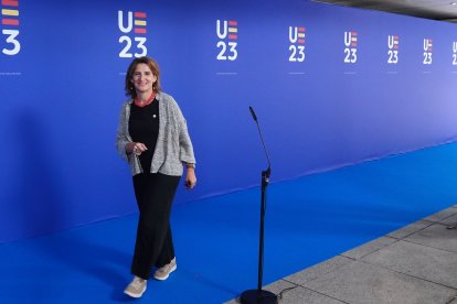 La vicepresidenta tercera y ministra para la Transici?n Ecol?gica y el Reto Demogr?fico, Teresa Ribera, ofrece declaraciones antes de la reuni?n informal de ministros de Medio Ambiente y Energ?a en Valladolid