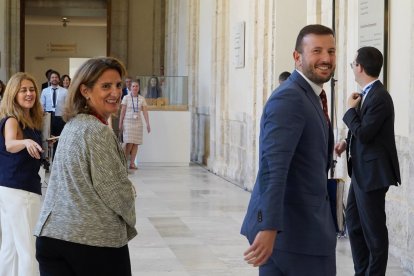 La vicepresidenta tercera y ministra para la Transición Ecológica y el Reto Demográfico,Teresa Ribera con el comisario de Medio Ambiente, Océanos y Pesca, Virginijus Sinkevicius. -ICAL