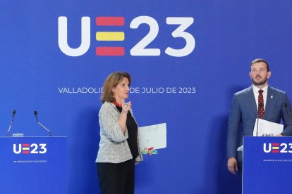 La vicepresidenta tercera y ministra para la Transición Ecológica y el Reto Demográfico,Teresa Ribera con el comisario de Medio Ambiente, Océanos y Pesca, Virginijus Sinkevicius. -ICAL