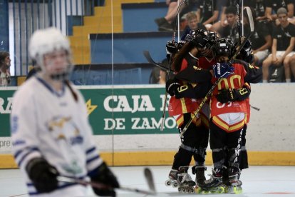 España celebra un gol en el choque sénior ante Finlandia. / M. ÁLVAREZ