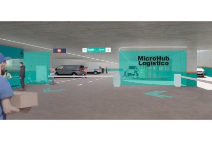 Recreación del nuevo parking con el intercambiador de mercancías. E.M.
