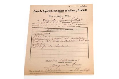 Solicitud de matrícula de Margarita Manso en la Escuela Especial de Pintura, Escultura y Grabado (actual Real Academia de Bellas Artes de San Fernando) en 1924, cuando tenía 15 años.- ICAL