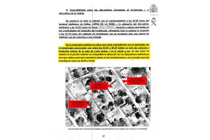 JUNTOS DESPUÉS DE HABERSE ‘DESPEDIDO’ DE ELLA. Esta es la página del informe de la Guardia Civil más comprometedora para Óscar. Reproduce los puntos donde los móviles de Esther y Óscar (ojo no hay verificación de si también ambos) estaban muy cerca del chalet del sospechoso a las 3.22 de la noche de autos. Él dijo que la había despedido a las 2.45 horas.