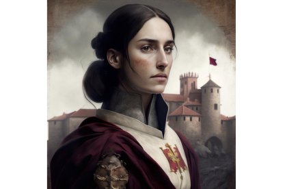 CASTELLANOLEONESA. En Castilla y León se representa a la mujer con una vestimenta medieval con los colores de su Comunidad. La imagen que se ve a sus espaldad es un castillo. Midjourney