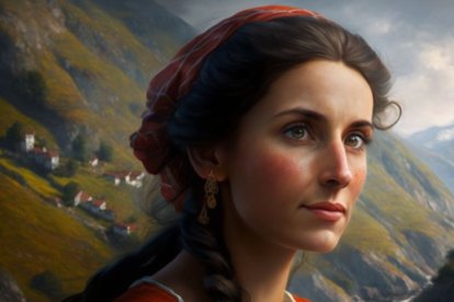 ASTURIANA. La imagen de la mujer asturiana viene representada con un fondo campestre y el pelo recogido en una trenza. Midjourney