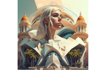 VALENCIANA. Pelo platino y su cuerpo se fusiona con un edificio de fondo que bien pudiera representar el  Museo de las Artes y las Ciencias de Valencia. Midjourney