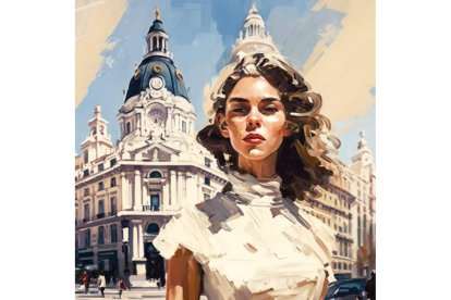 MADRILEÑA. La mujer madrileña, que bien podría ser una chulapa, está representada con una calle de fondo que parece la Gran Vía. Midjourney