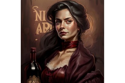 RIOJANA. El vino como imagen de marcha de la mujer riojana, que aparece sujetando una botella de vino. Midjourney