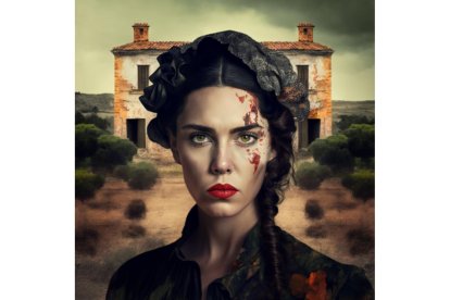 EXTREMEÑA. Tiee parte del rostro cubierto de sangre y, de fondo, una casa de campo. Midjourney