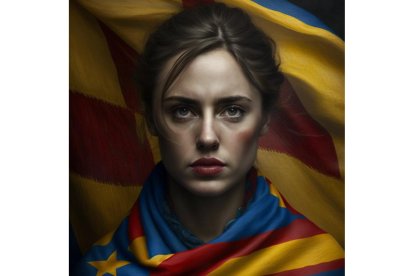 CATALANA. Envuelta en la bandera catalana, que bien podría parecer una estelada. Midjourney