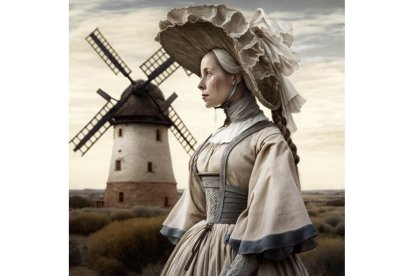 CASTELLANAMANCHEGA. Castilla-La Mancha y los molinos del Quijote son casi uno y así es como los refleja de fondo de una mujer con un vestimenta nada actual. Midjourney