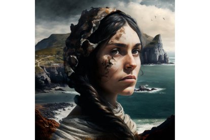 CÁNTABRA. La mujer de Cantabria tiene el  pelo recogido y parte de la cara manchada. De fondo, el mar, se supone que Cantábrico con sus acantilados. Midjourney