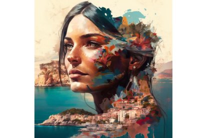 BALEAR. En el caso de las Baleares mezcla su rostro con colores marinos y de fondo tiene una isla. Bajo su cabeza, hay otra isla. Midjourney