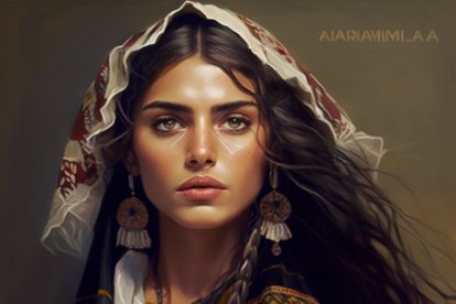 ANDALUZA. Con una piel color aceituna y una vestimenta de épocas pasadas. Midjourney