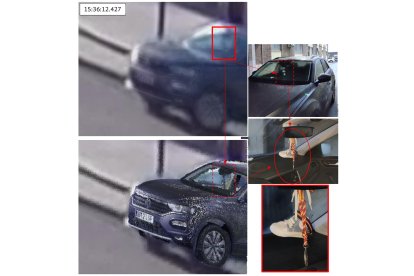 La empresa gallega contratada por la Guardia Civil utiliza imágenes reales del T-Roc de Óscar, que están en manos de la investigación –las del colgante que aparecen a la derecha de la imagen–, y las compara con las de las cámaras de seguridad –la de arriba– para llegar concluir a través de una recreación virtual en 3D mejorada –imagen de abajo–, que se trata del mismo colgante y, por tanto, del mismo coche.-INFORME