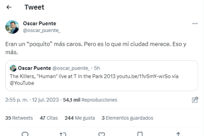 Mensaje de Puente criticando la elección de concierto internacional