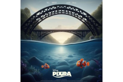 El río Pisuerga, con la Leyenda del Pisuerga, a su paso por el Puente Colgante de Valladolid con dos nuevos vecinos: Nemo y Dory. Bing Image Creator de Microsoft