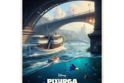 El río Pisuerga, con la Leyenda del Pisuerga, a su paso por el Puente Colgante de Valladolid con dos nuevos vecinos: Nemo y Dory. Bing Image Creator de Microsoft