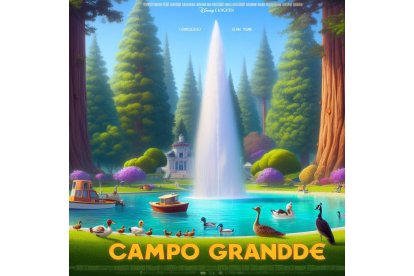 Póster de película Disney Pixar del Campo Grande con el estanque, el geisser, barca y patos. Bing Image Creator de Microsoft