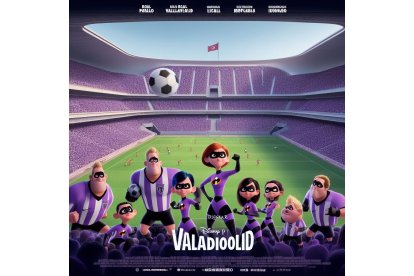 El estadio de fútbol José Zorrilla con un partido inusual: los jugadores del Real Valladolid contra los personajes de Los Increíbles. Bing Image Creator de Microsoft