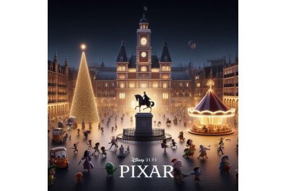 La plaza Mayor de Valladolid ambientada en la bajo la magia de la Navidad de Disney Pixar. Bing Image Creator de Microsoft
