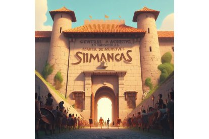 El Archivo General de Simancas mientras Hércules entra por la puerta. Bing Image Creator de Microsoft