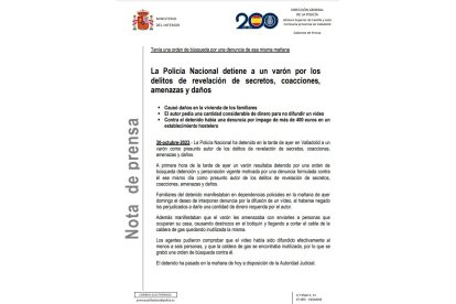 Nota de prensa de la detención de Lucas Burgueño. SUBDELEGACIÓN DEL GOBIERNO DE VALLADOLID