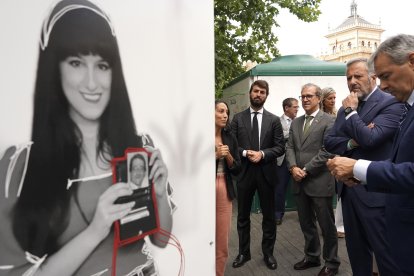 El presidente de las Cortes de Castilla y León, Carlos Pollán, acompañado del vicepresidente de la Junta, Juan García-Gallardo y el consejero de Industria, Mariano Veganzones, en la exposición 'Memories'.- ICAL