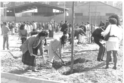 Planta de arboles en el parque de Farnesio de Las Delicias en 1987.- ARCHIVO MUNICIPAL DE VALLADOLID