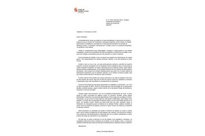 Carta del Presidente de la Junta de Castilla y León a Pedro Sánchez en la que muestra su queja formal por los 