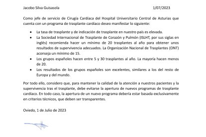 Carta firmada por el jefe de cirugía de Asturias que en 2023 realizó 14 trasplantes y en 2022 apenas 6