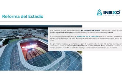 Parte del documento que ha hecho llegar Inexo a los posibles socios, con la infografía de la obra de la Ciudad Deportiva, tasada en 18 millones.