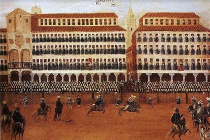 Ilustración del desfile de una cabalgata con motivos de las fiestas en la Plaza Mayor de Valladolid con el convento de San Francisco a la izquierda 1656