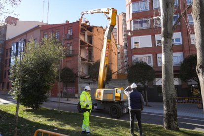 Un operario trabaja en la demolición del edificio de la calle Puente Mayor de Valladolid