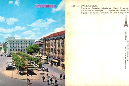 Postal de la iglesia de la Paz y la plaza de España