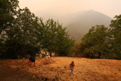 Vecinos de Lusio (León), realizan desbroces alrededor del pueblo ante la posible llegada del incendio