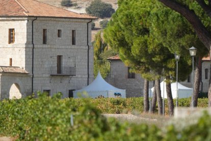 Carpas montadas a las afueras del Monasterio de Santa María de Retuerta que acogerá la boda de Stella del Carmen Banderas