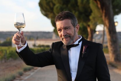 Antonio Banderas brinda con los periodistas tras la boda de su hija en Valladolid