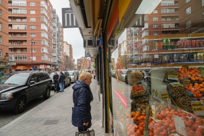 Una mujer mira un escaparate de una frutería de la calle Tudela.