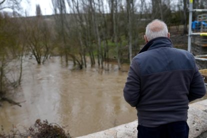 Un hombre observa el Cega a su paso por Megeces en Valladolid.